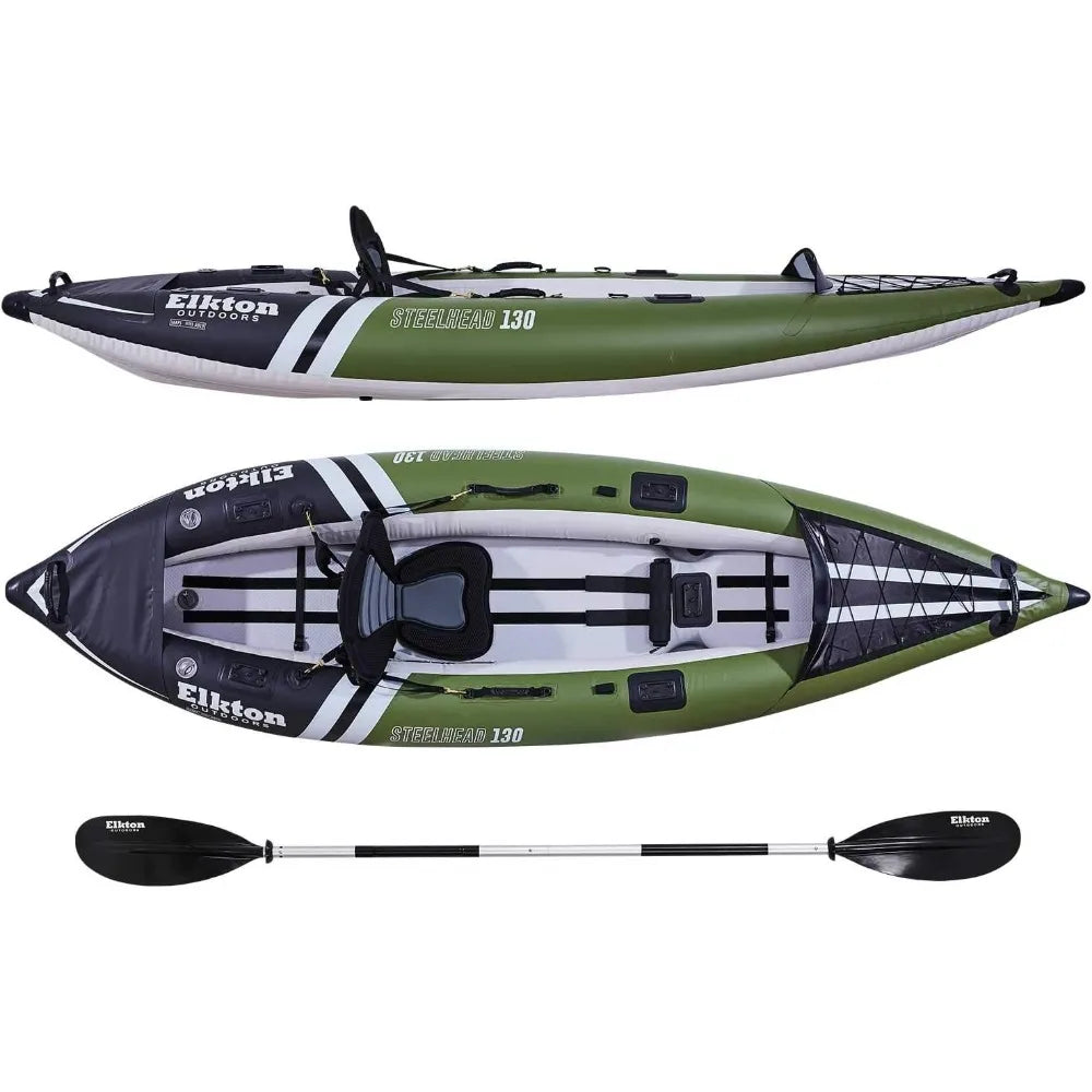 Steelhead Inflatable Fishing Kayak - Angler Blow Up Kayak, Includes Paddle, Seat, Hard Mounting Points, Bungee Stora