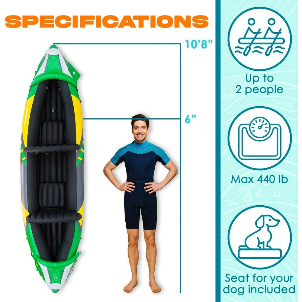 2 Person Inflatable Kayak with Exclusive Sun Canopy (Detachable) Kayaks for Adults 3rd Seat for Dog/Child Waterproof Phone Bags