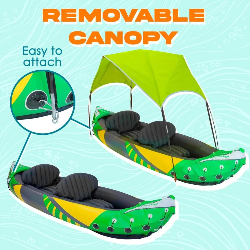 2 Person Inflatable Kayak with Exclusive Sun Canopy (Detachable) Kayaks for Adults 3rd Seat for Dog/Child Waterproof Phone Bags