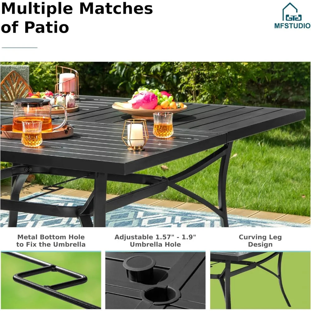 60" Square Metal Outdoor Dining Table, Large Patio Furniture 8 Person Table with Adjustable Umbrella Hole for Deck,Backyard,Lawn