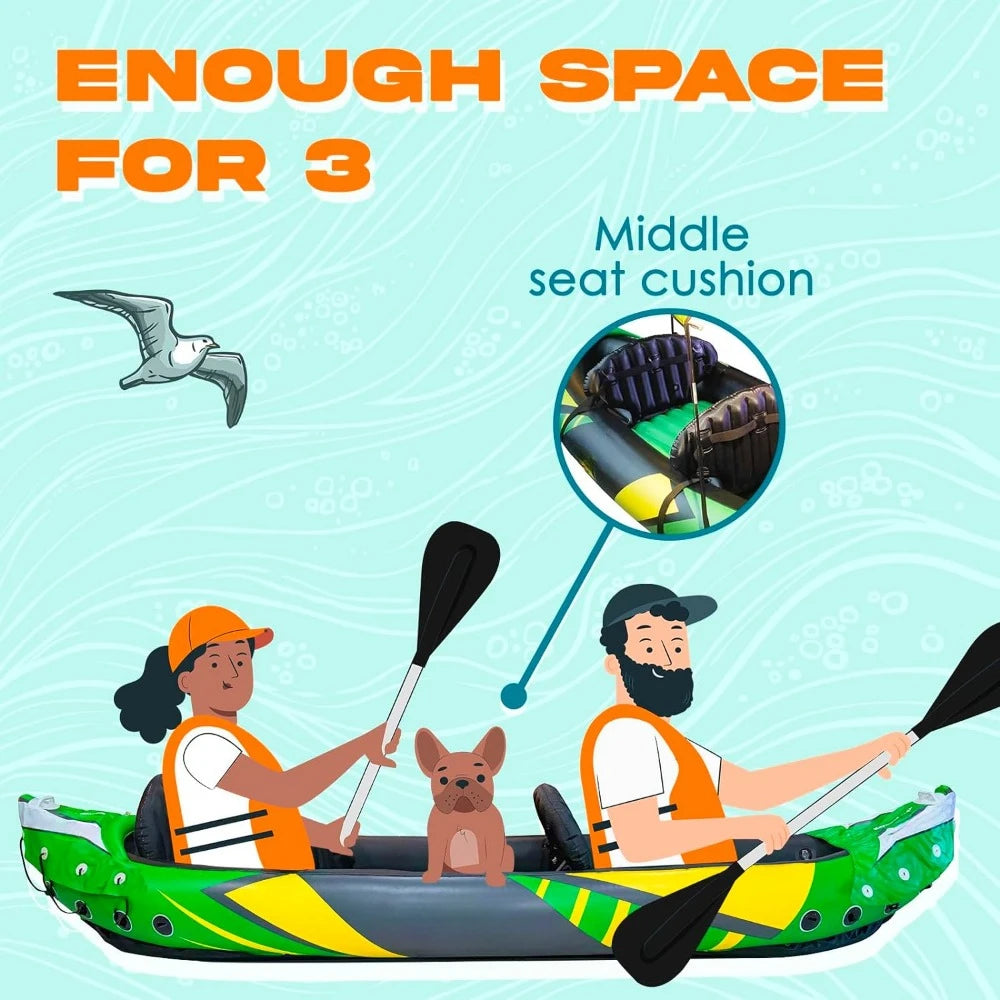 2 Person Inflatable Kayak with Exclusive Sun Canopy (Detachable) Kayaks for Adults 3rd Seat for Dog/Child Waterproof Phone Bags