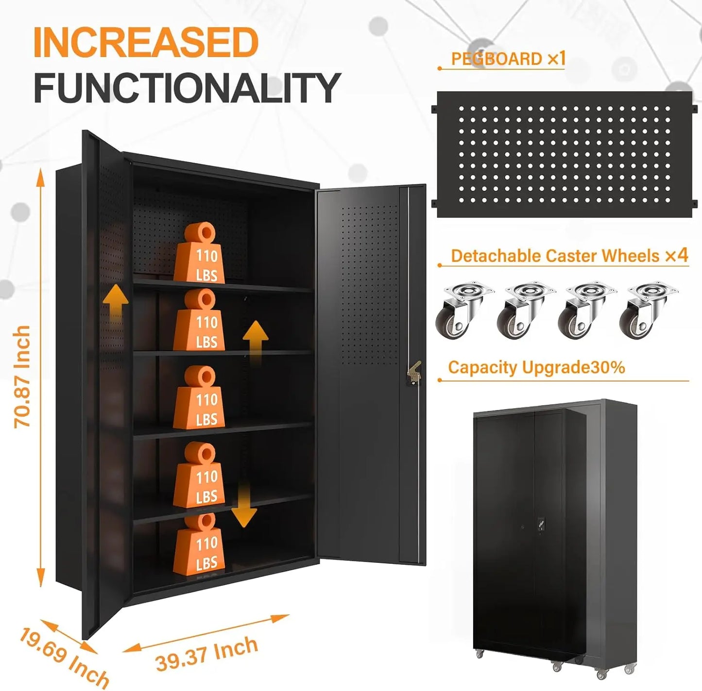 Fohufo Upgraded Wide Metal Storage Cabinet - 72 Inch Black Lockable Garage Cabinet with Wheels & 4 Adjustable Shelves |