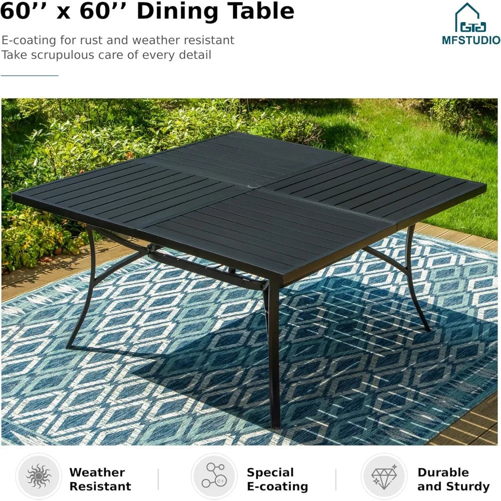 60" Square Metal Outdoor Dining Table, Large Patio Furniture 8 Person Table with Adjustable Umbrella Hole for Deck,Backyard,Lawn