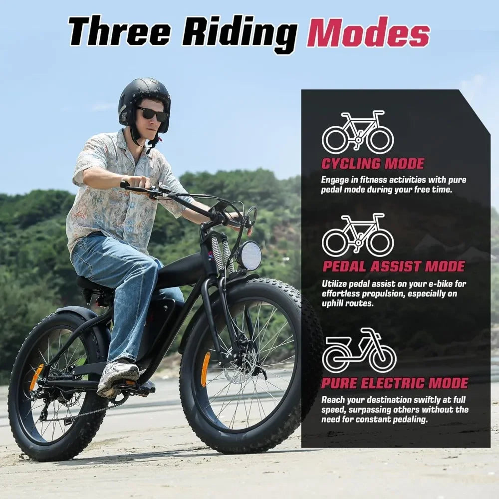 Electric Bike, Up to 60 Mile Range (PAS) & 28MPH Speed Ebike, 26'' x 4'' Fat Tire E Bike, 7 Speeds, 1000W Peak Electric Bicycle