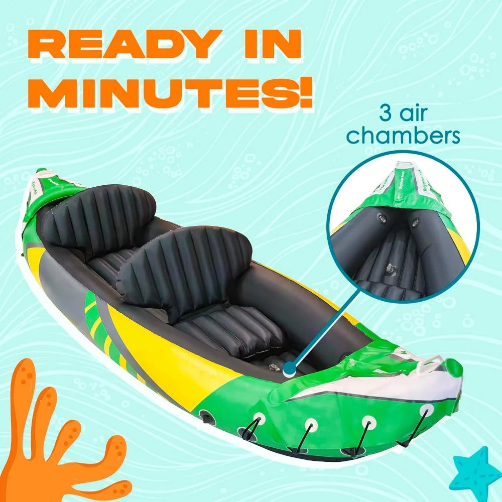 2 Person Inflatable Kayak with Exclusive Sun Canopy (Detachable) Kayaks for Adults 3rd Seat for Dog/Child Waterproof Phone Bags