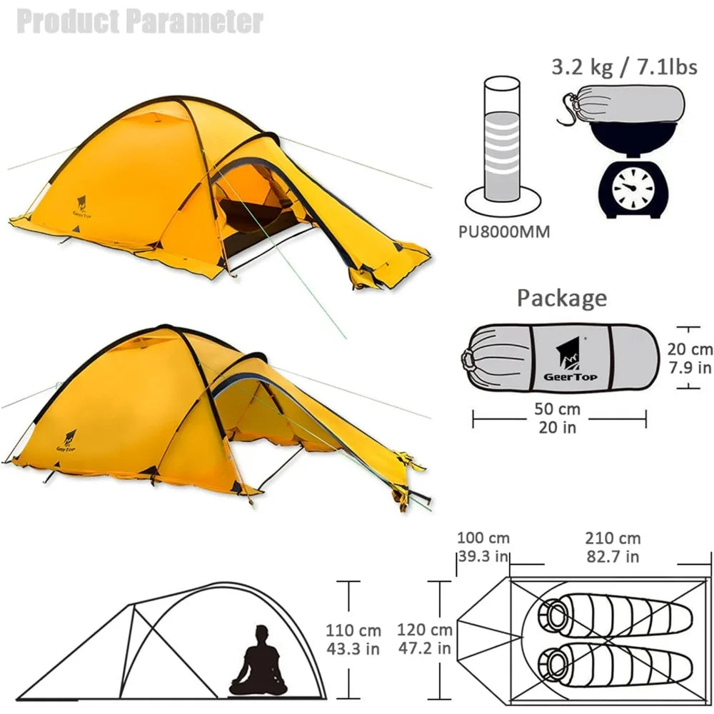 Portable 2 Person 4 Season Tent Waterproof Backpacking Tent Double Layer All Weather - Easy Set Up