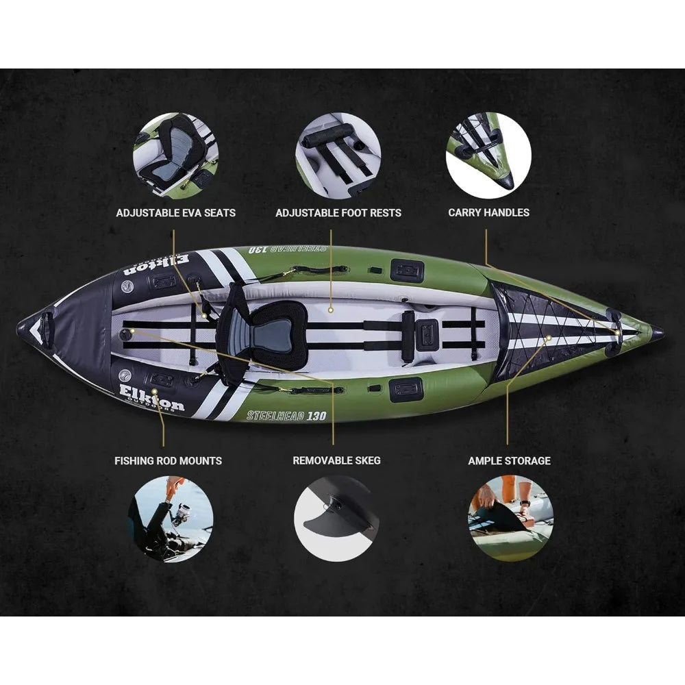 Steelhead Inflatable Fishing Kayak - Angler Blow Up Kayak, Includes Paddle, Seat, Hard Mounting Points, Bungee Stora