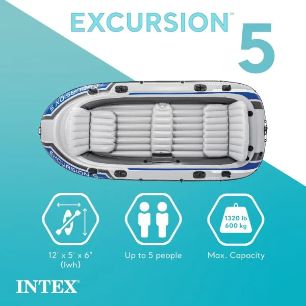 INTEX Excursion Inflatable Boat Series: Includes Deluxe 54in Boat Oars and High-Output Pump – SuperTough PVC – Adjustable Seats