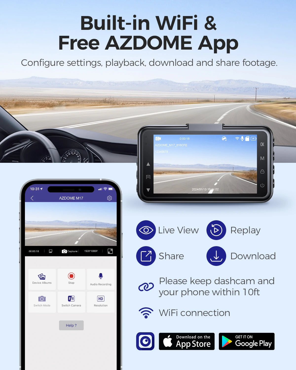 AZDOME Dash Cam Built-in ADAS GPS Car Camera