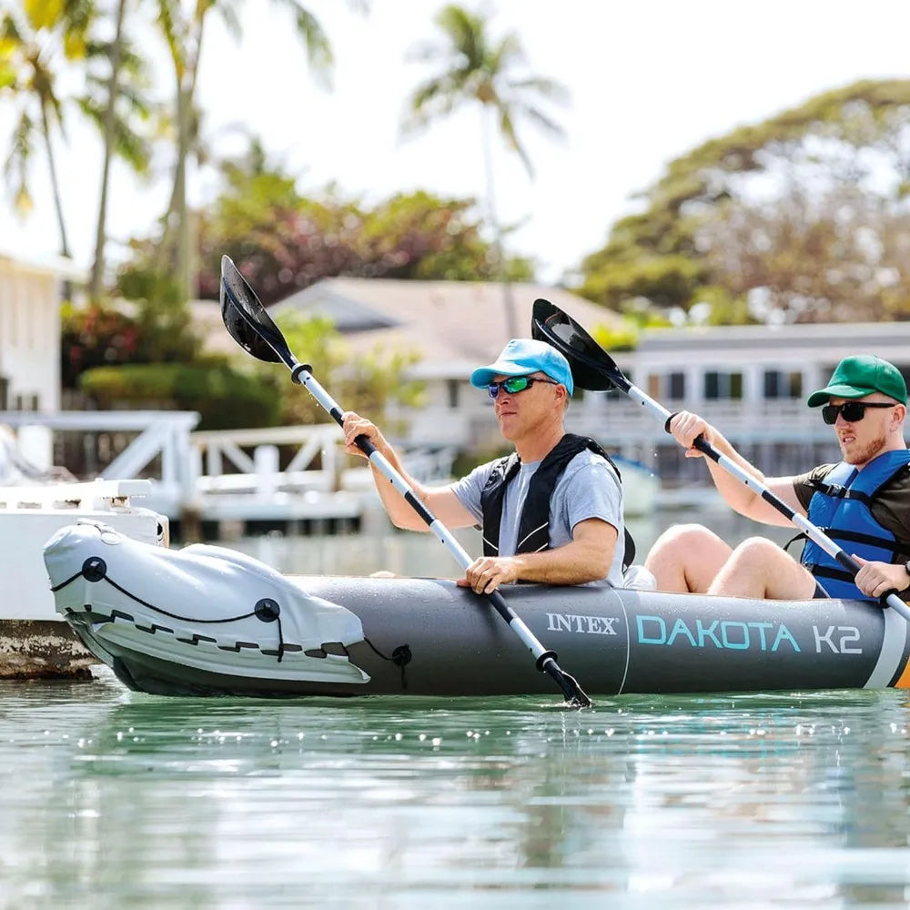 Dakota K2 2 Person Inflatable Vinyl Kayak and Accessory Kit with 86 Inch Oars, Air Pump, and Carry Bag for Lakes and Rivers