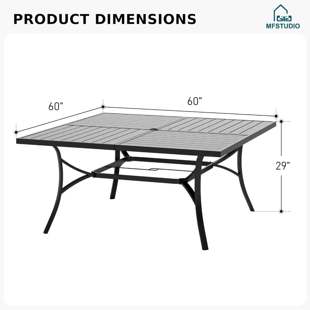 60" Square Metal Outdoor Dining Table, Large Patio Furniture 8 Person Table with Adjustable Umbrella Hole for Deck,Backyard,Lawn