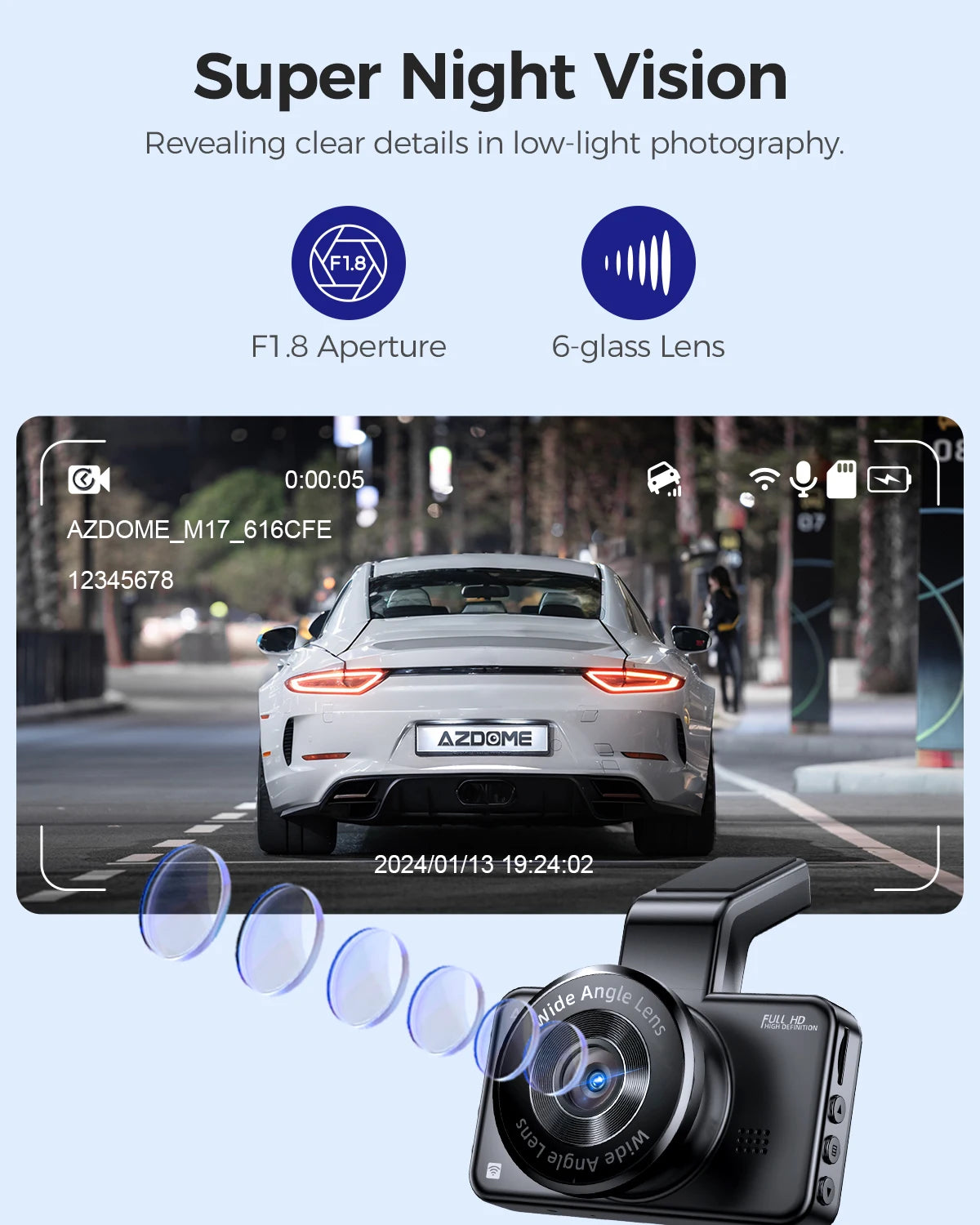 AZDOME Dash Cam Built-in ADAS GPS Car Camera