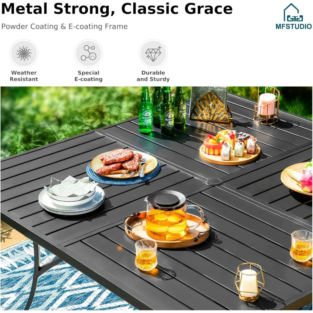 60" Square Metal Outdoor Dining Table, Large Patio Furniture 8 Person Table with Adjustable Umbrella Hole for Deck,Backyard,Lawn